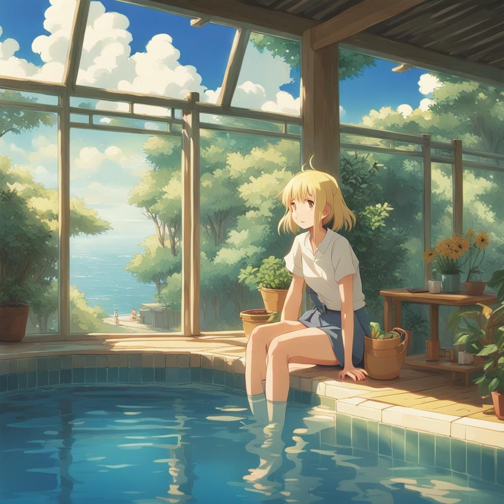 Blonde Girls at Pool in Studio Ghibli Style