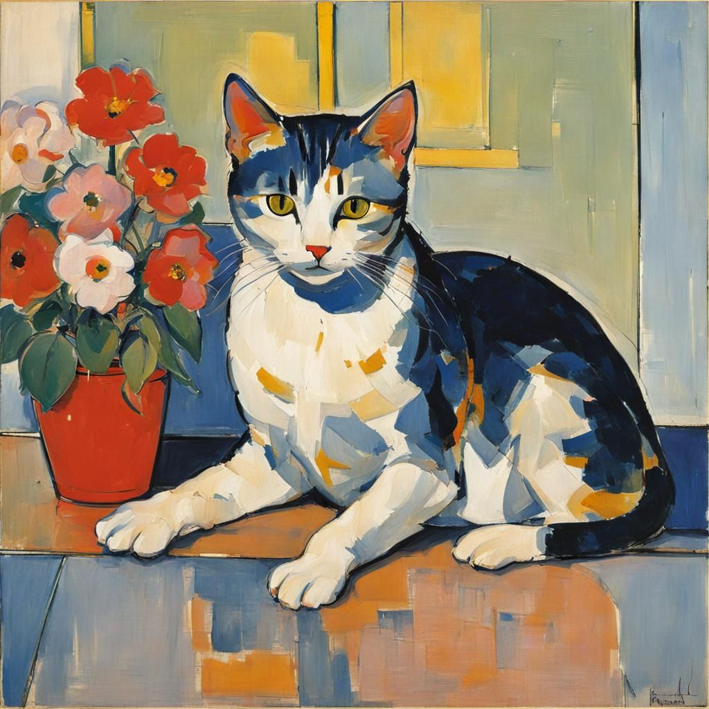 Cat Surrounded by Flowers in Abstract Expressionism Style