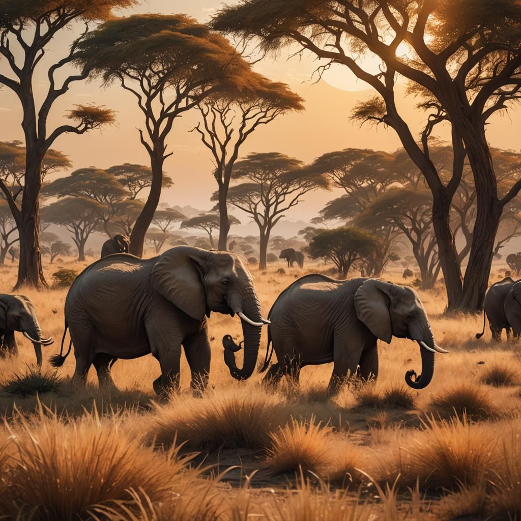 Savannah Elephants in Golden Light: Digital Matte Painting