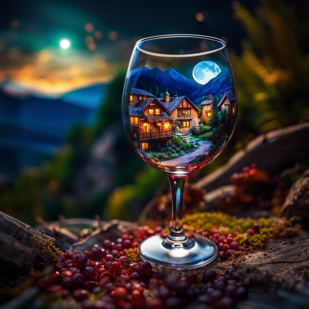 Mountain Village in Wine Glass: Hyperrealistic Photo