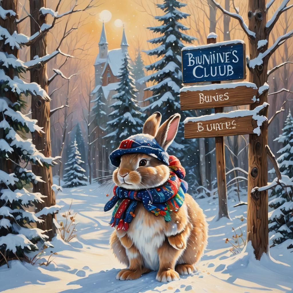 Cute Bunny in Winter Wonderland Oil Painting
