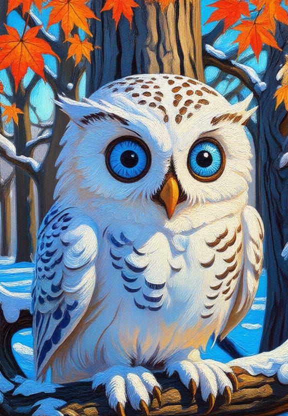 A snowy white owl, perched on a gnarled, ancient maple tree ...