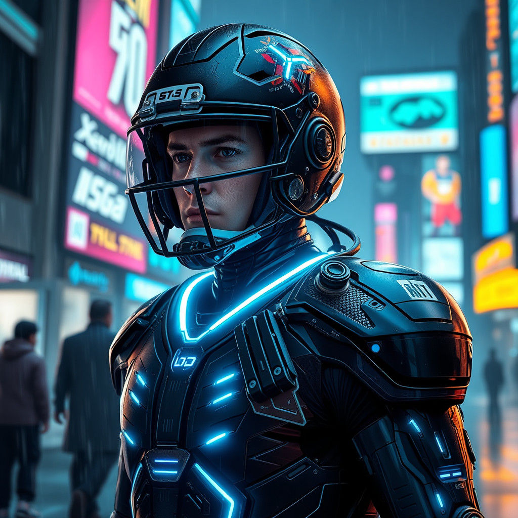Cybernetic Football Player in Electric Blue Neon Cityscape