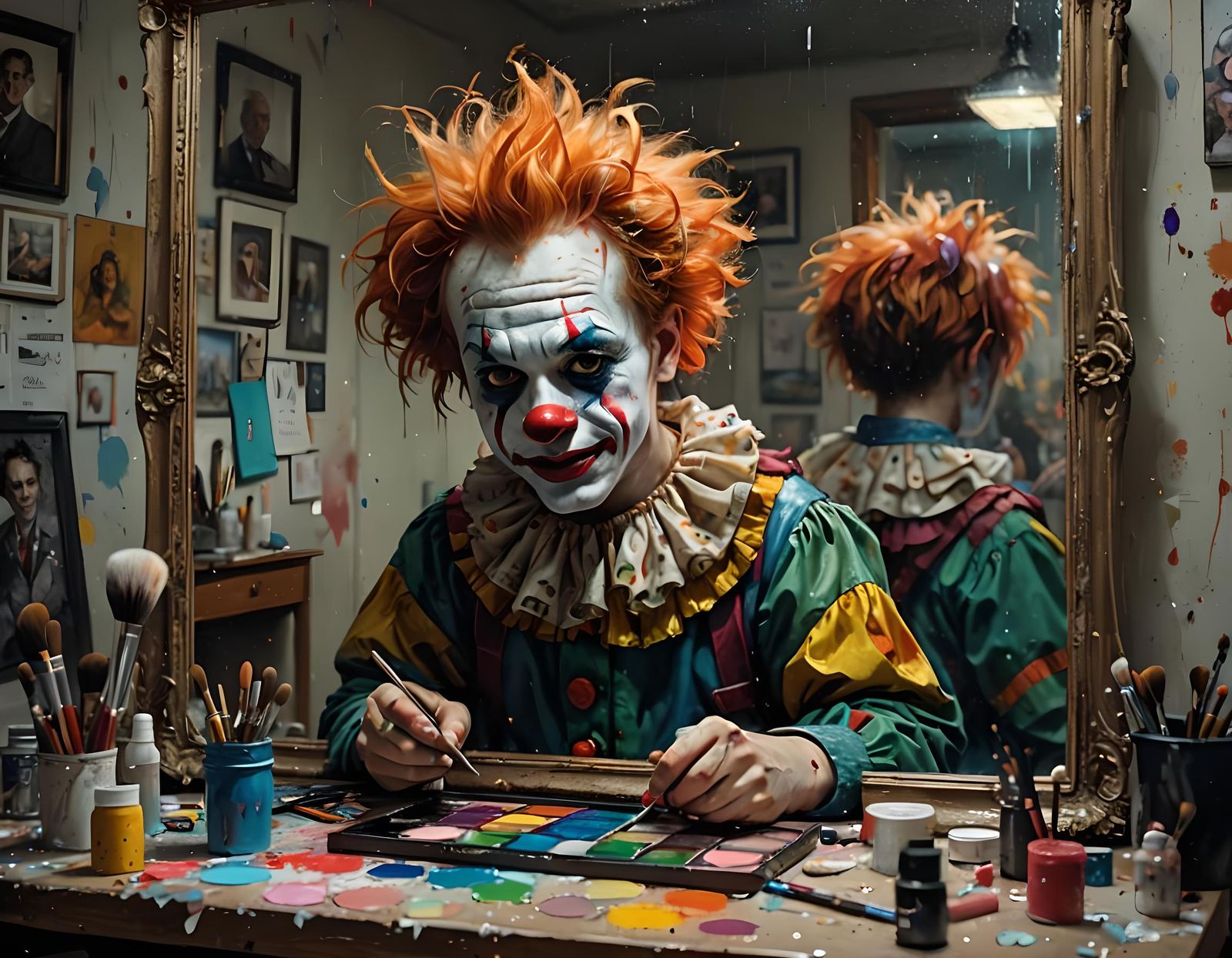 young cute boy student clown school practicing applying makeup  looking into mirror reflection !!! beautiful ambient lig...