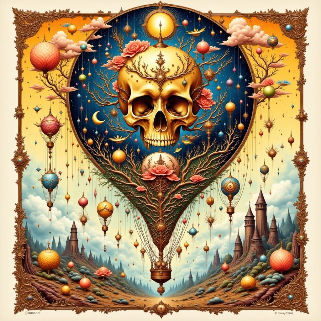 Surreal Hot Air Balloon Over Japanese Skull Landscape