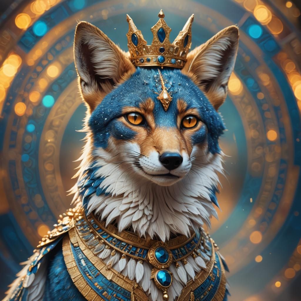 Blue Egyptian Fox with Gold Crown in Hyperrealism