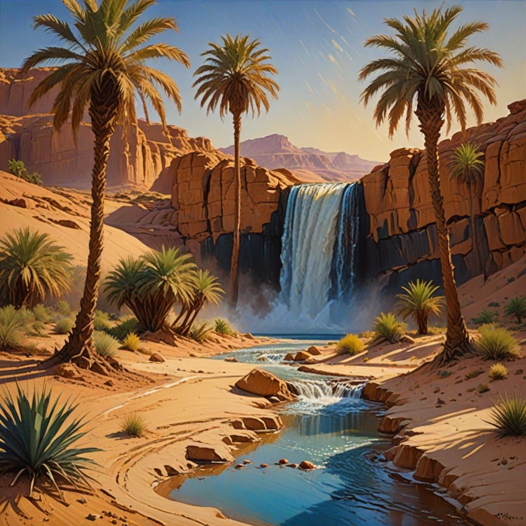 Sahara Desert Oasis Waterfall: An Impressionist Oil Painting