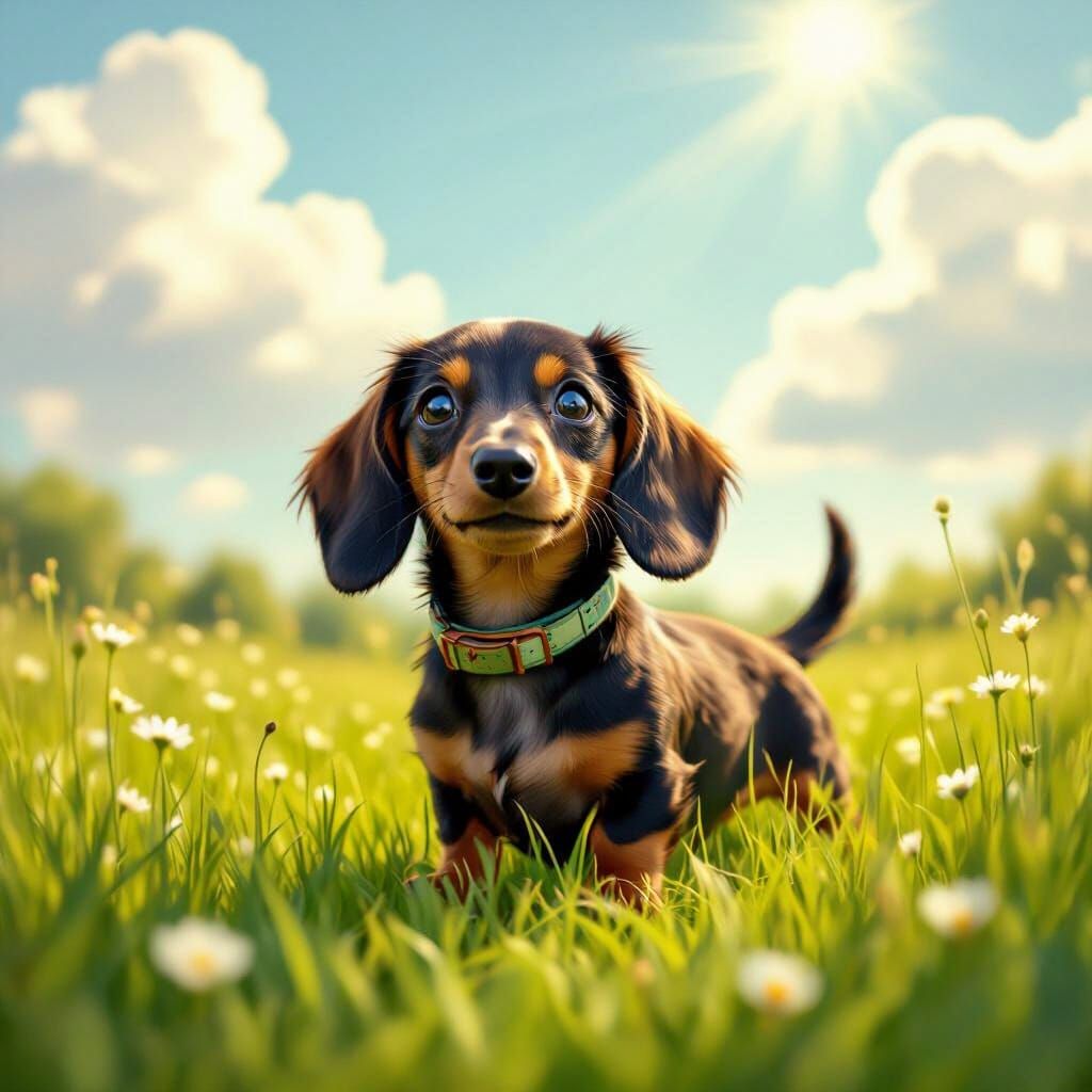 Dachshund Puppy in Meadow: Beatrix Potter Style
