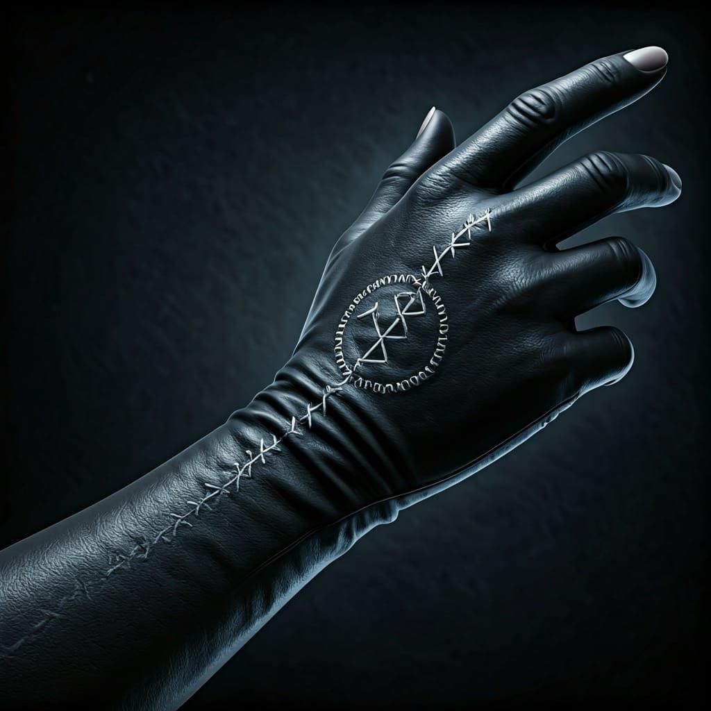 Enchanted Black Leather Glove with Glowing Rune