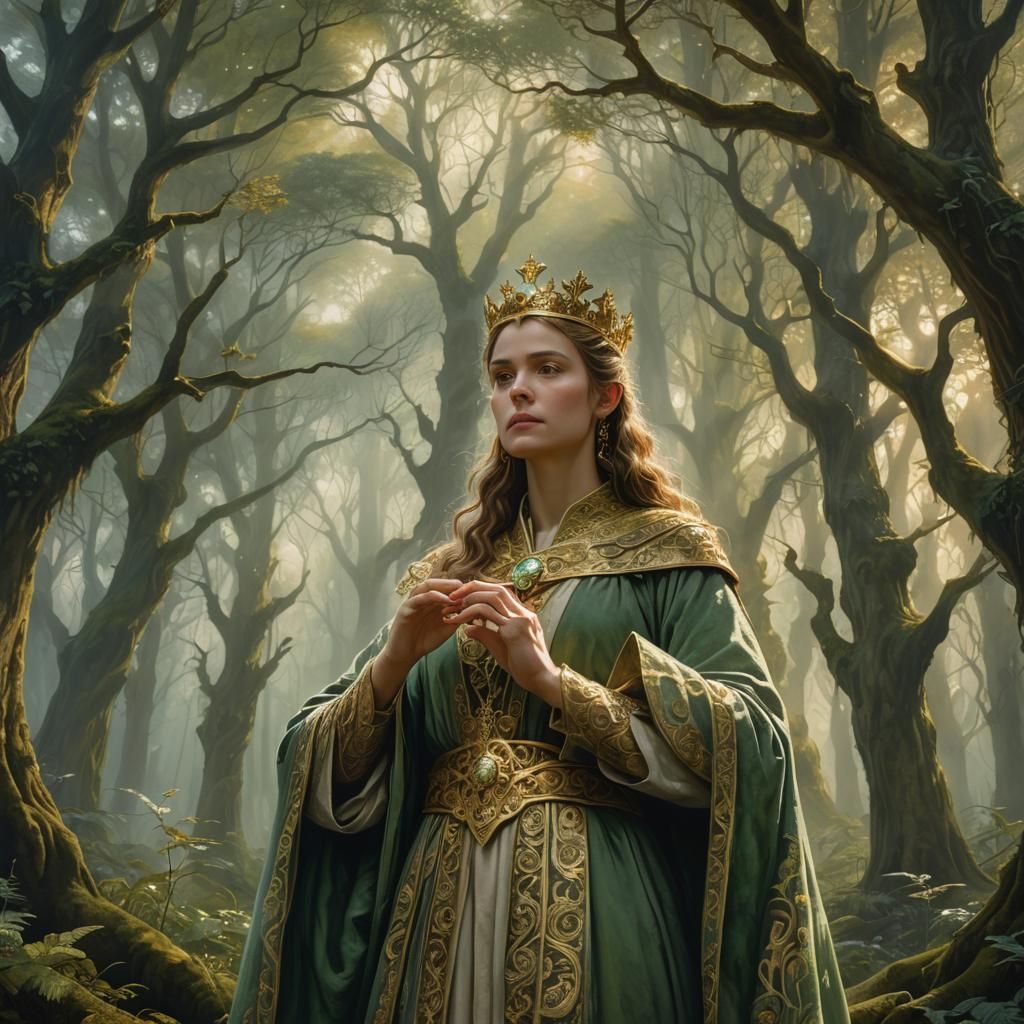 Crowned Woman in Mystical Forest: Fantasy Art