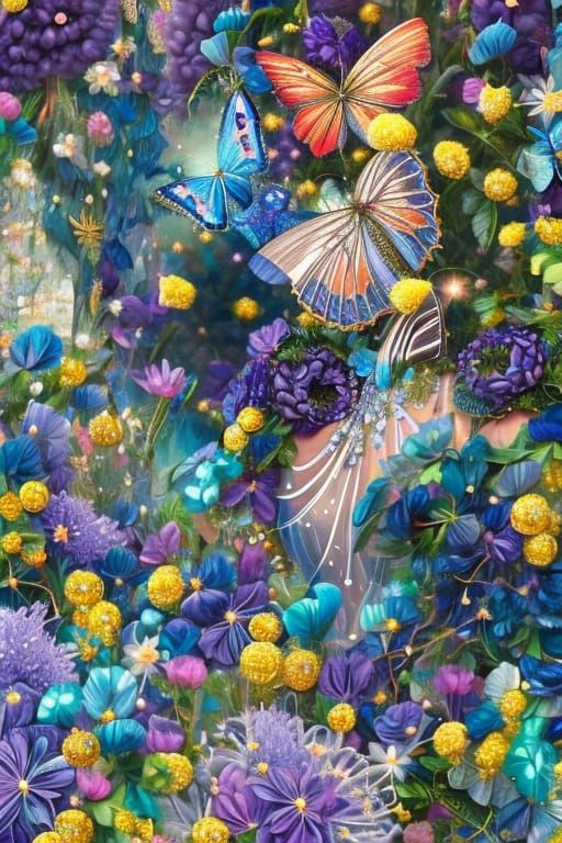 Indigo Butterfly with Crystalline Flowers, Digital Art