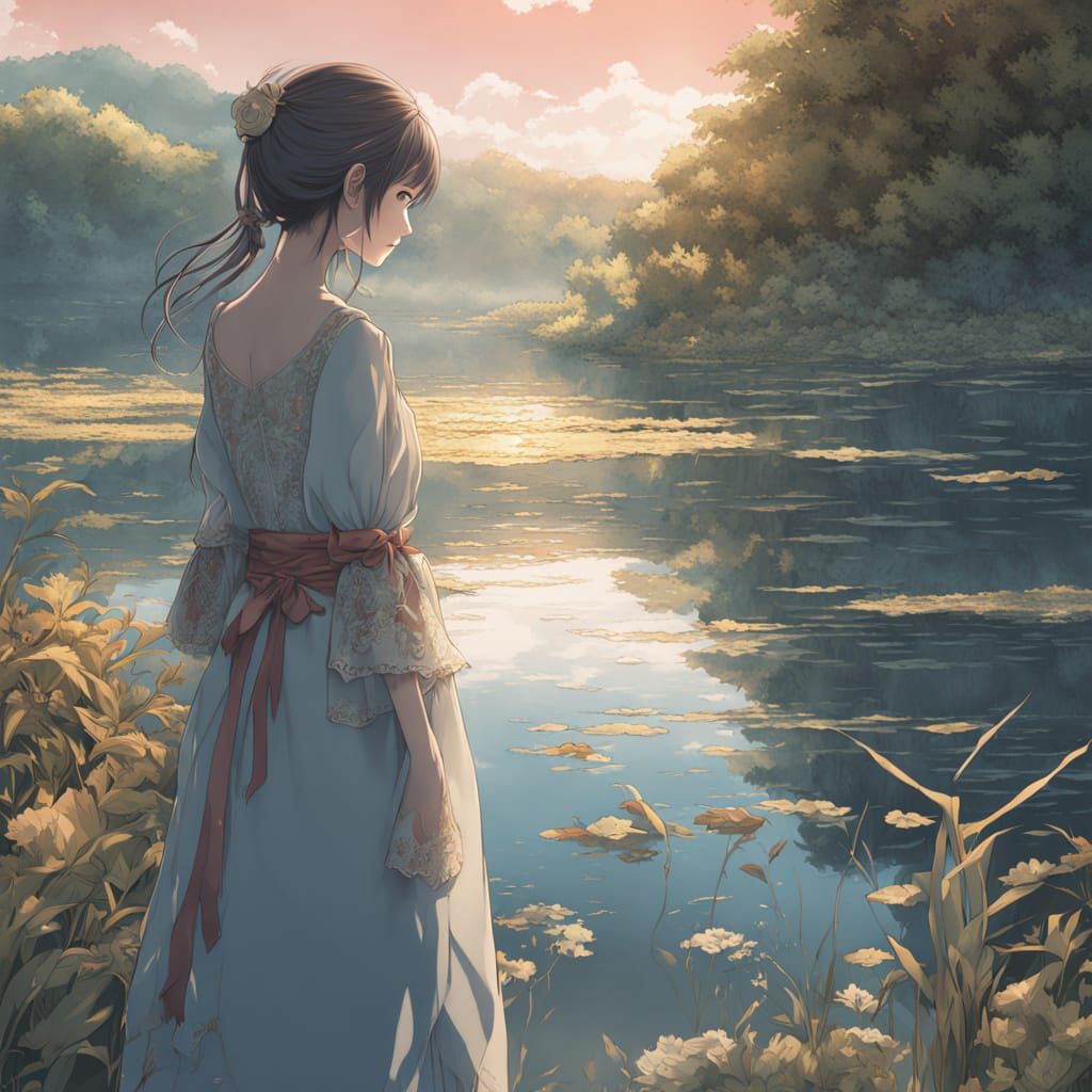 Manga Woman by Reflecting Water in Pastel Hues