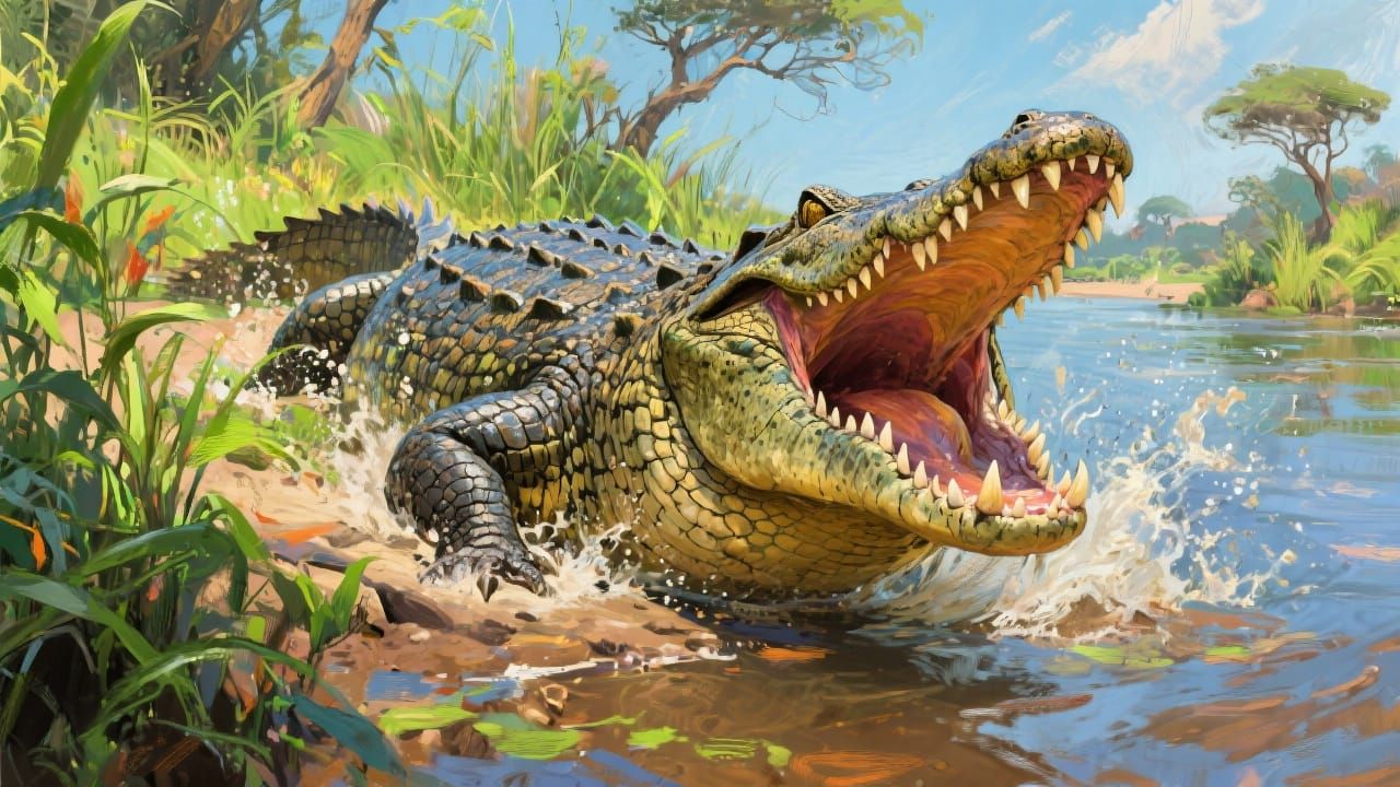Gigantic Crocodile Splashing on Nile Shore in Expressive Sty...