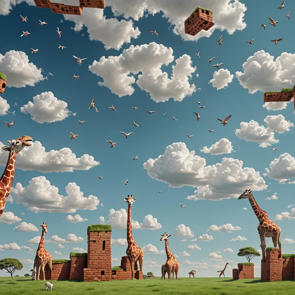 Floating Brick Wall with Elephants, Surreal Art