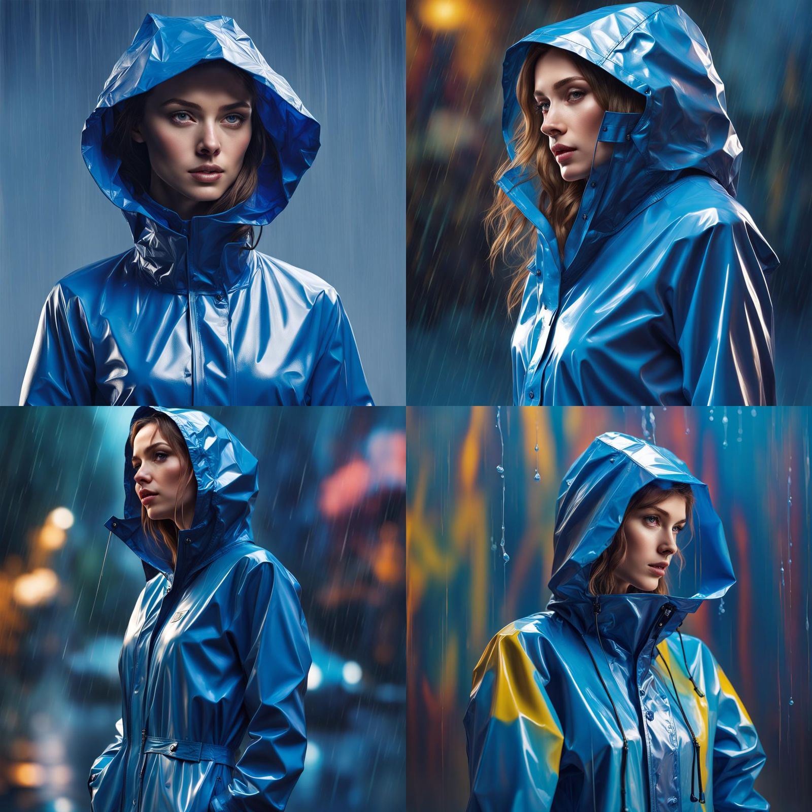Woman in Blue PVC Rainsuit: Hyperrealistic Splash Art