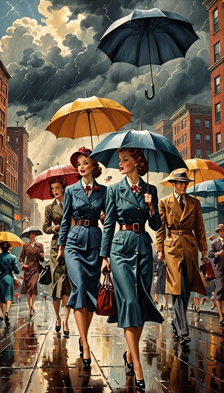 Retro 40s Illustration: Stormy City Street Scene