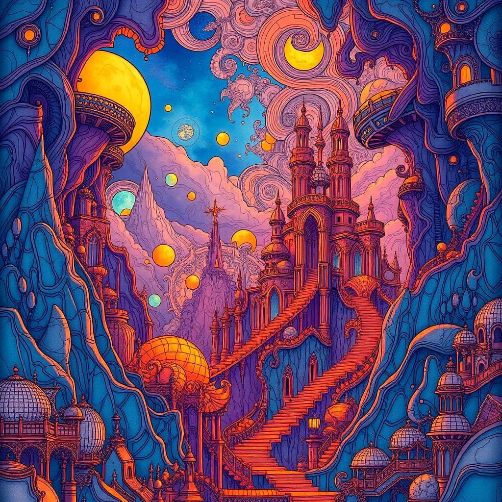 Whimsical Fantasy Realm in Intricate Continuous Line Drawing