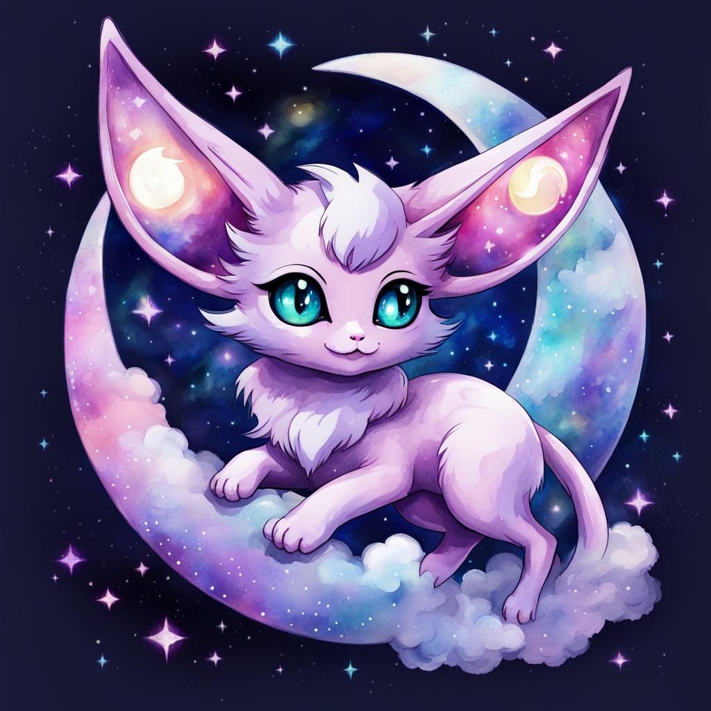 Watercolor Chibi Espeon with Moon in Space