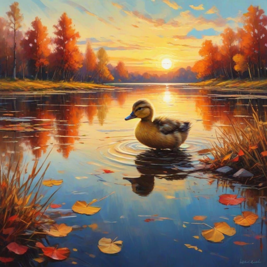Autumn Sunset Duckling Dance in Vibrant Colors