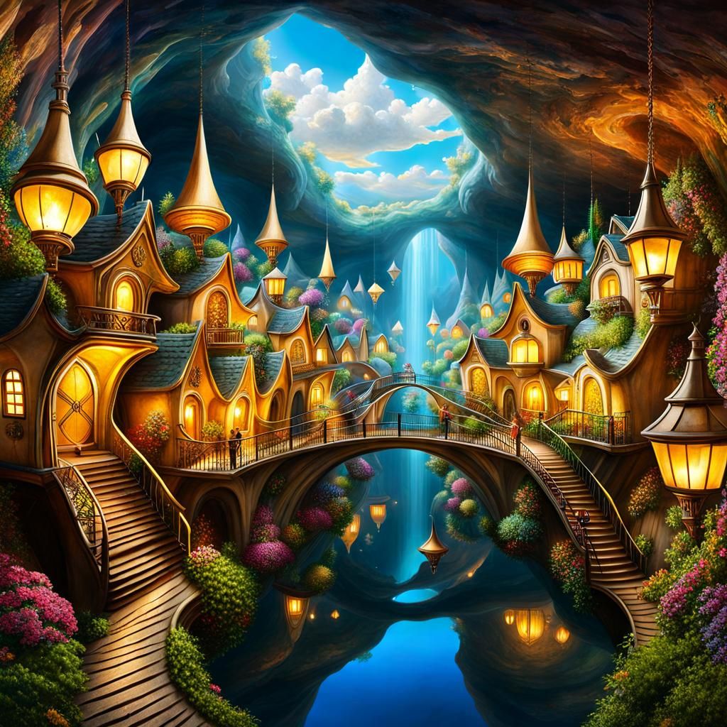 Underground Celestial Fantasy Town in Digital Painting Style