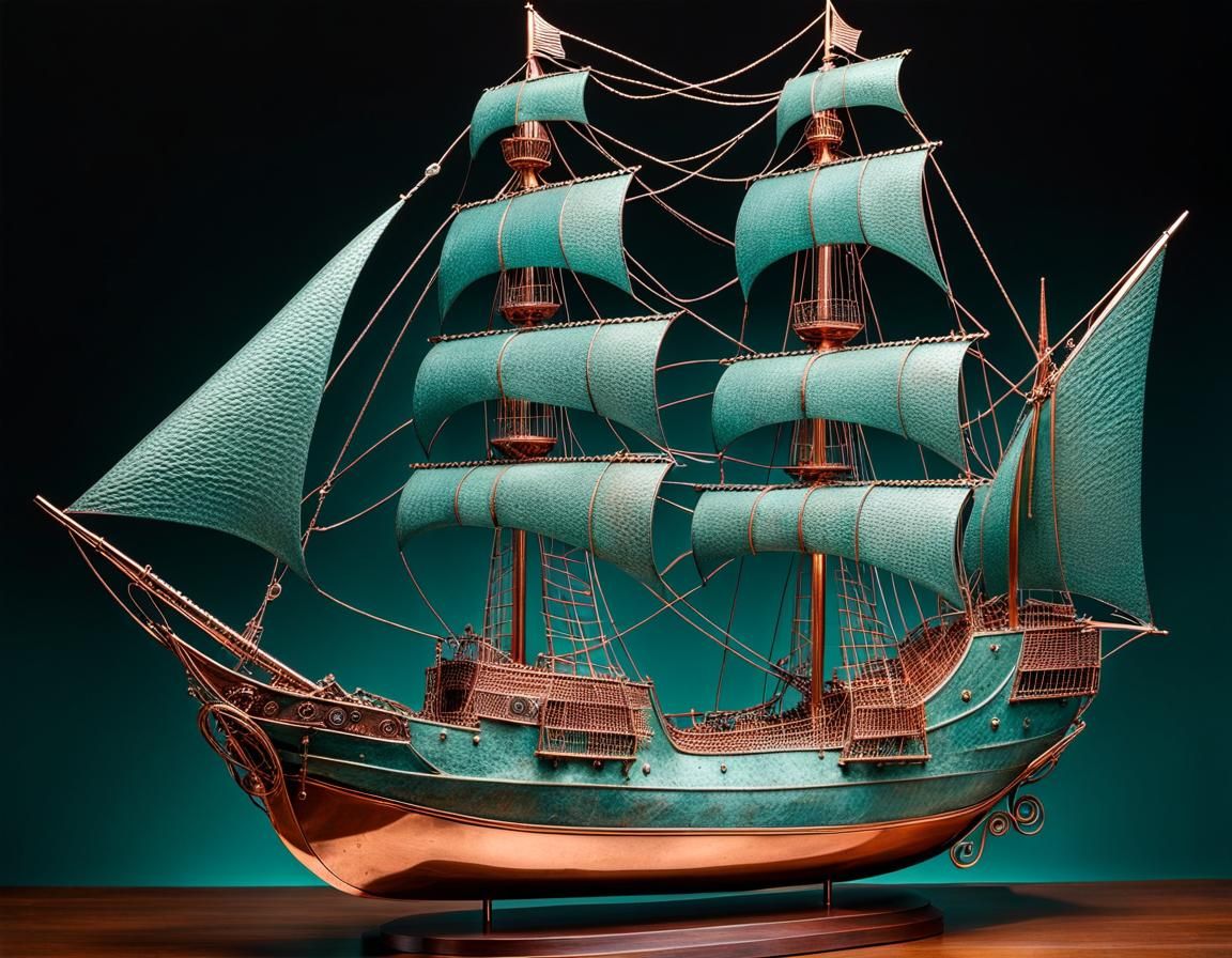 Copper Sailing Ship Sculpture at Magic Hour