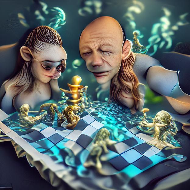 Gollum and Mermaid Play Chess: 3D Underwater Art