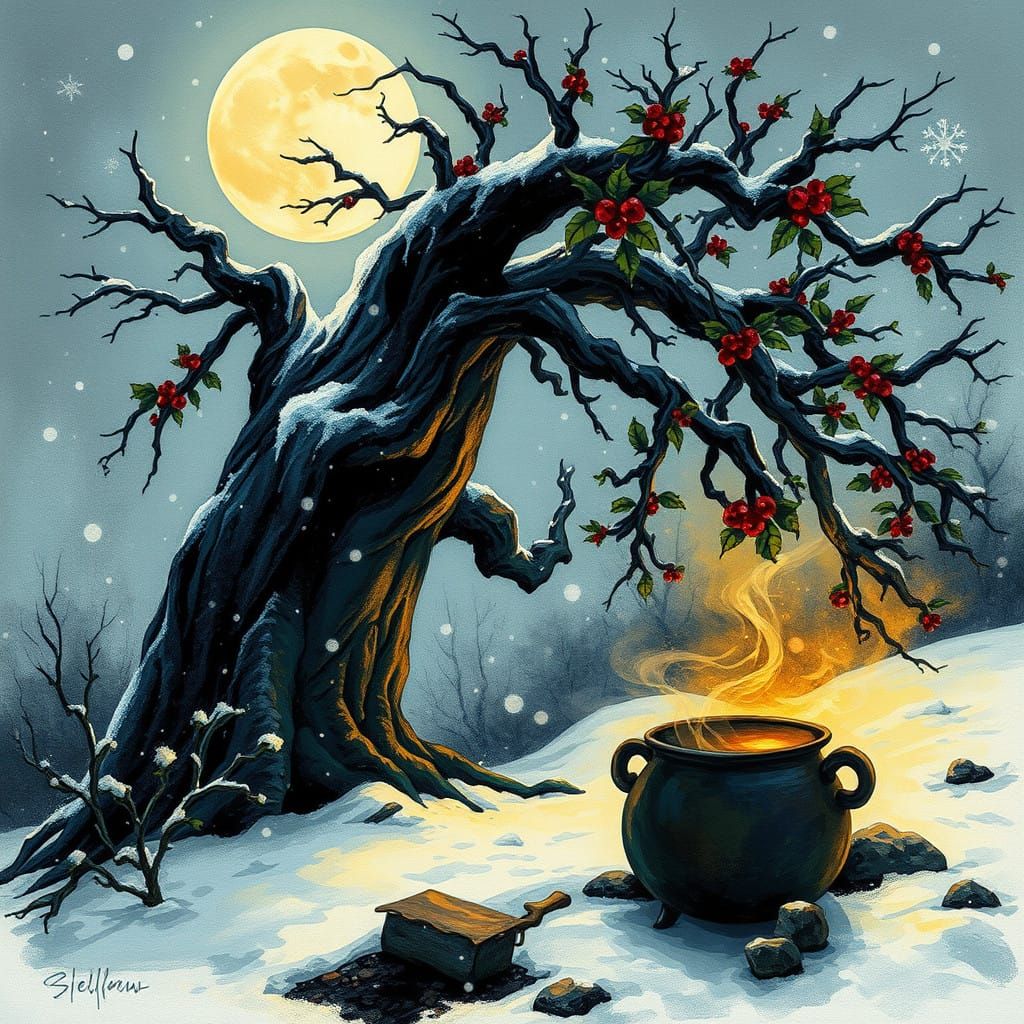 Ancient Winter Sorcery Unfolds Under Snowy Moonlight