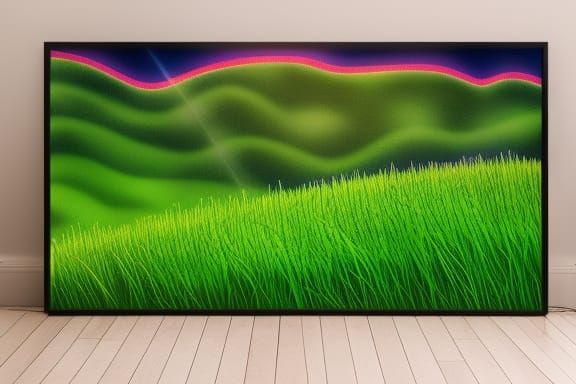 rolling green hills with tall grass and a blue sky cyberpunk neon