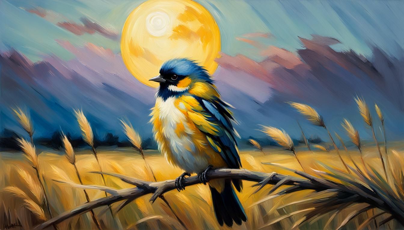 Impressionist Fluffy Bird in Field at Golden Hour