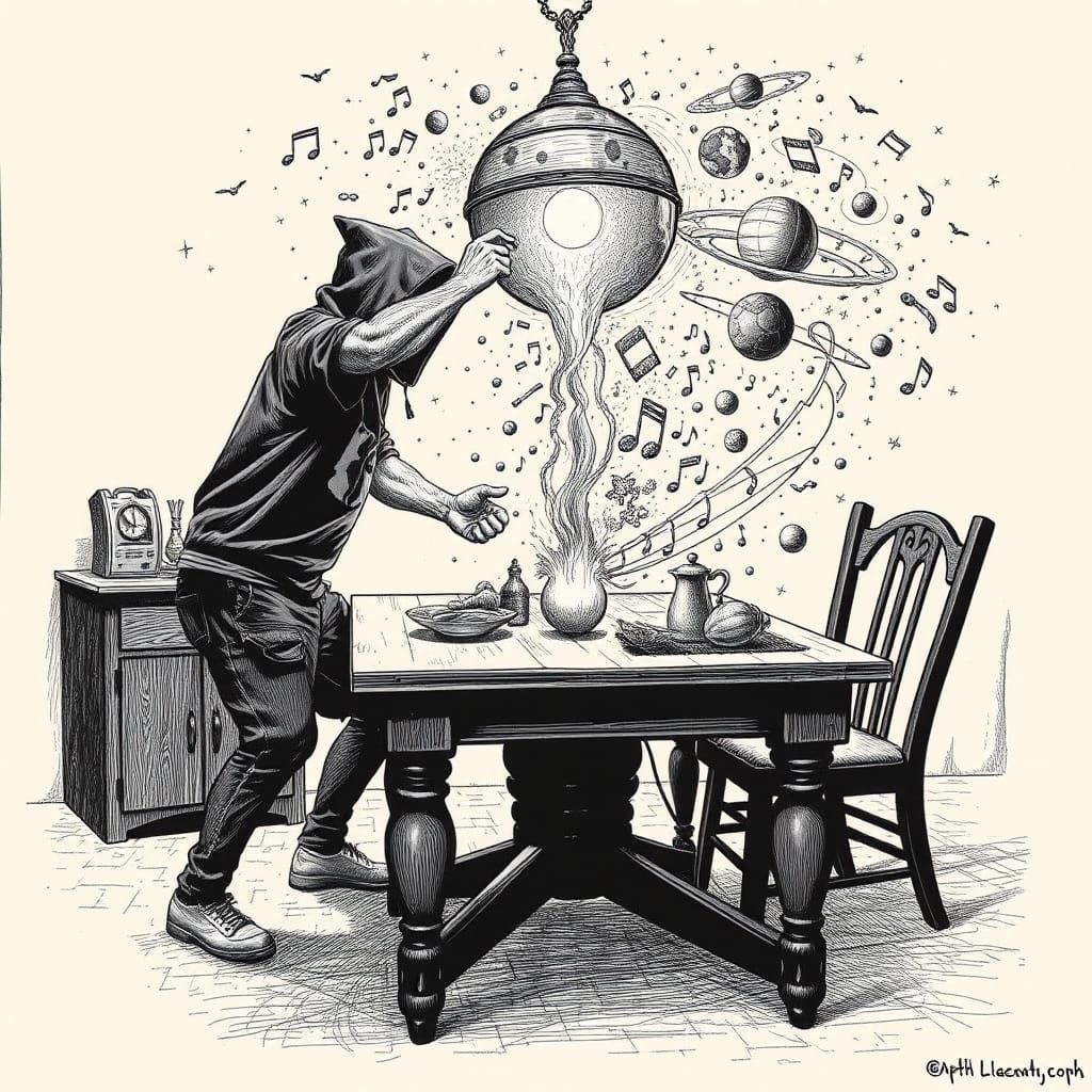 Hoodlum Headbanging to Music on Kitchen Table