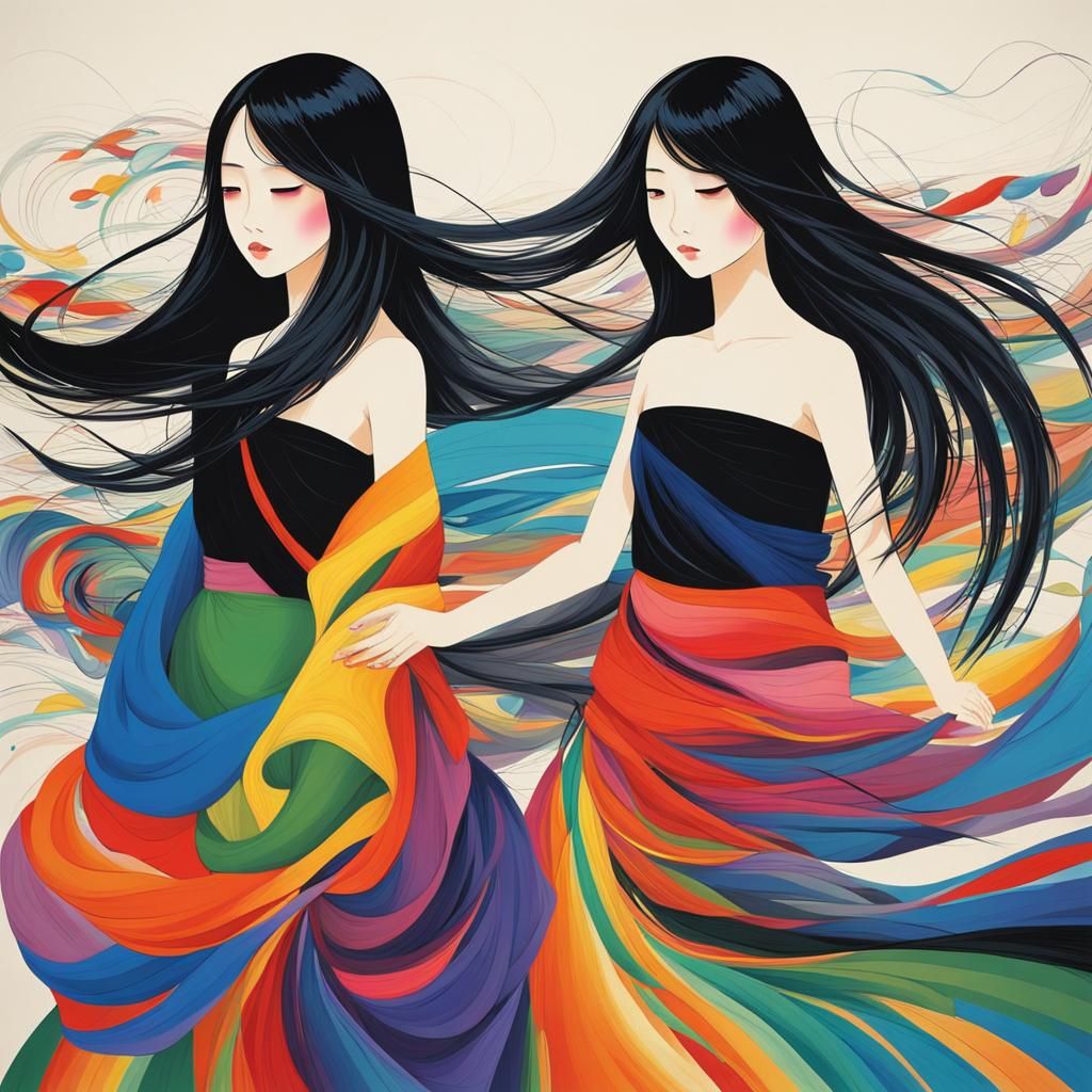Young Japanese shapely sisters, long full black hair blowing...