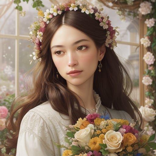 Florist Surrounded by Baroque Floral Abundance in Warm Golde...