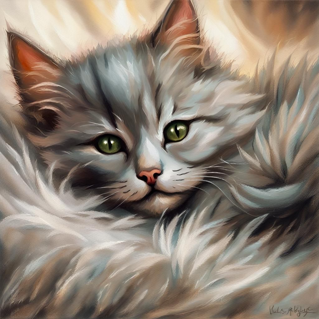 Kitten Nap in Slipper: Impressionist Oil Painting