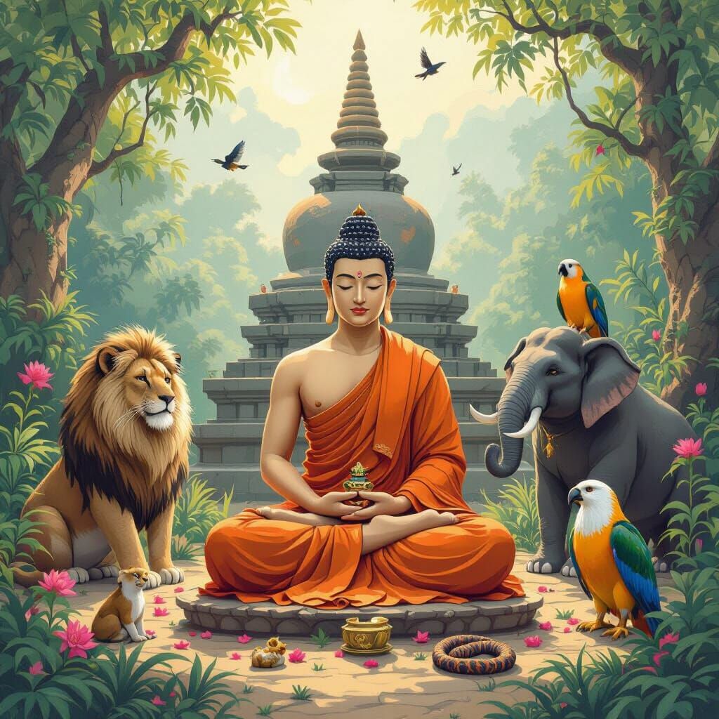 Buddha Meditating in Jungle with Animals