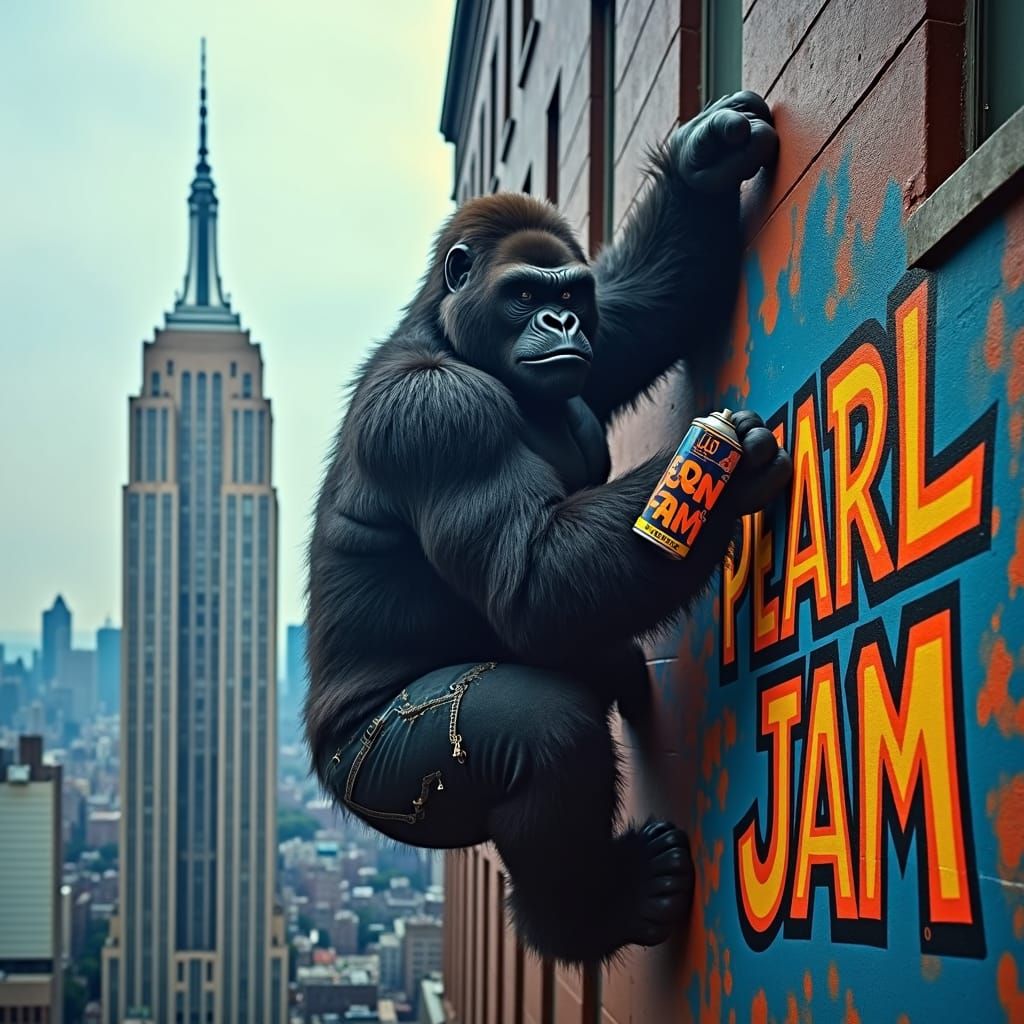 King Kong Graffitiing Pearl Jam on Empire State