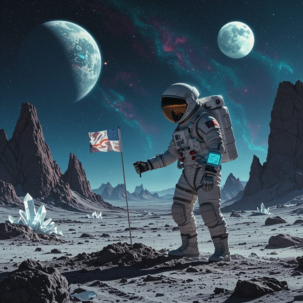 Astronaut Plants Flag on Alien Planet: Epic Sci-Fi Scene