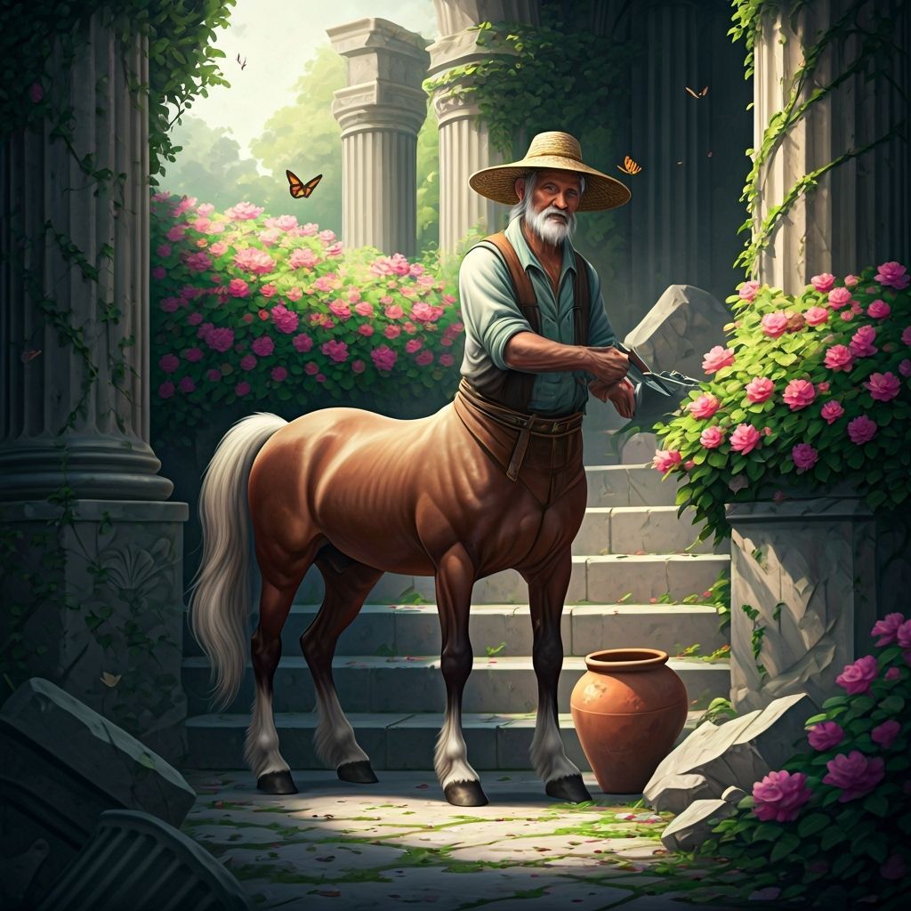 Elderly Centaur Gardener in Ancient Ruins