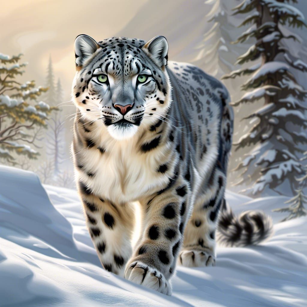 Snow Leopard Hunting in Winter Landscape