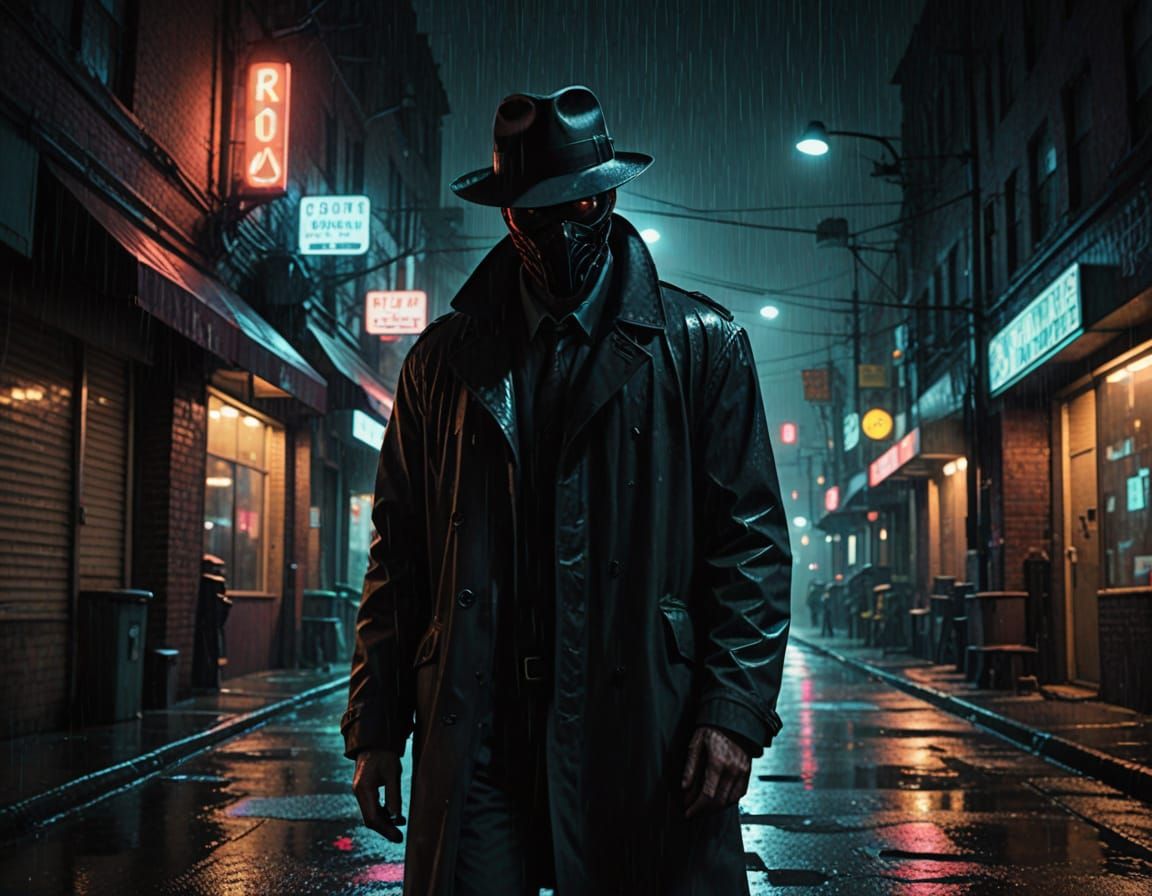 Cinematic Film Noir Portrait of The Question in a Rainy Alle...