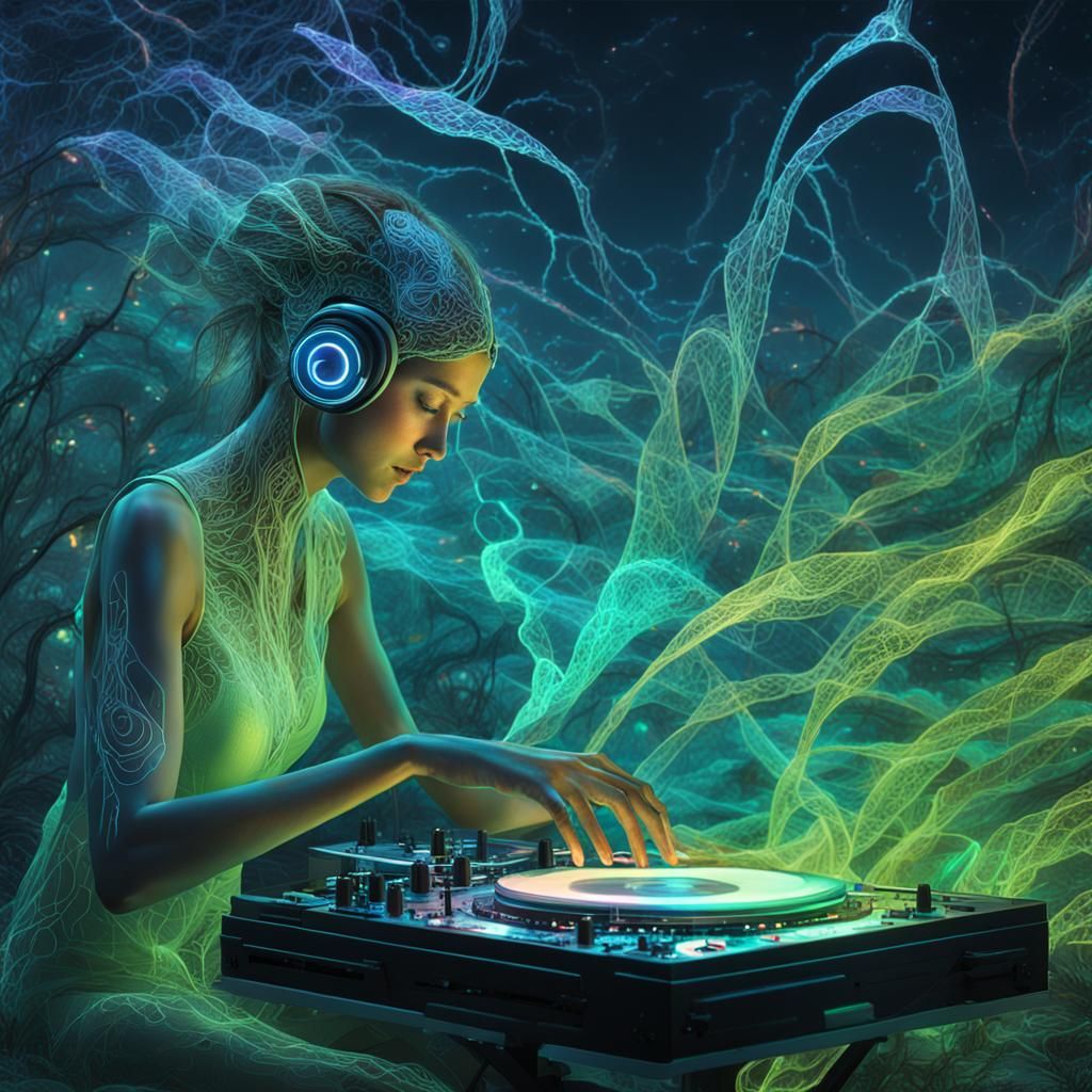 Cybernetic DJ in Bioluminescent Glade: Futuristic Sci-Fi Art
