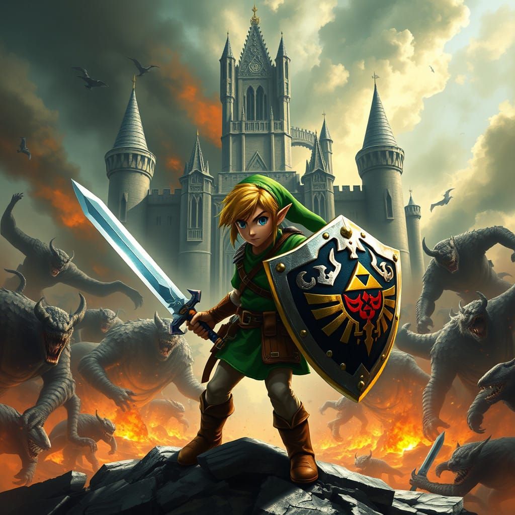 Heroic Dark Fantasy Warrior Battles Hyrule Castle