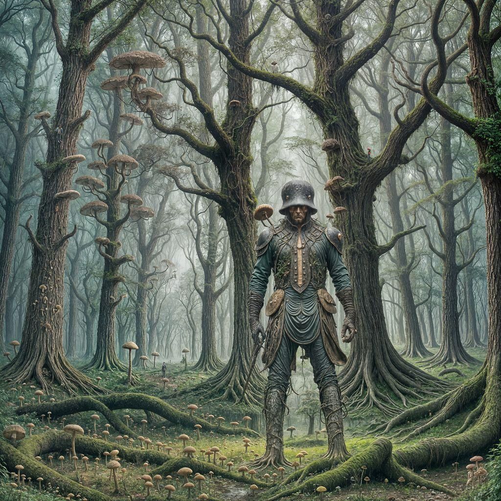 Surreal Mushroom Forest with Monster in Dali Style