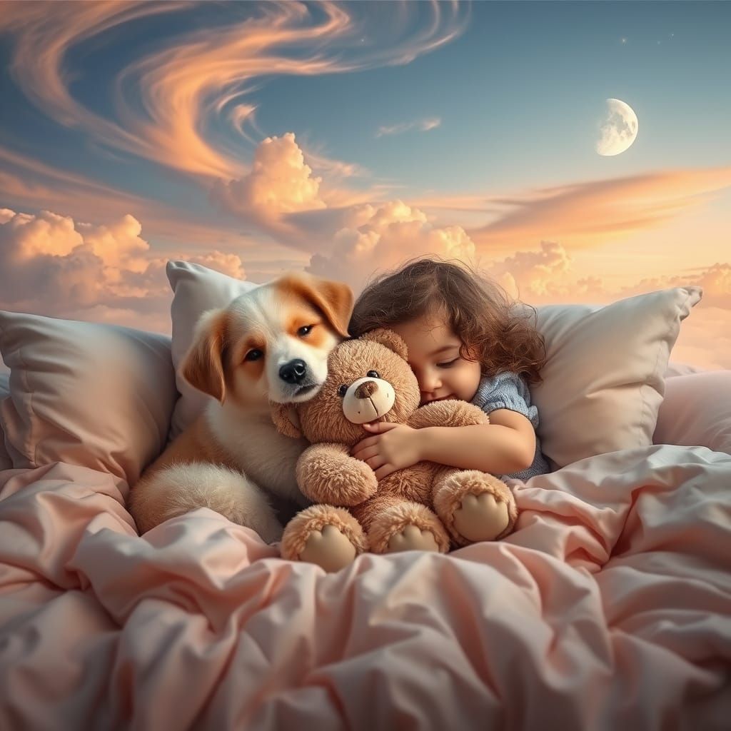 Whimsical Puppy and Child Hug a Teddy in a Dreamy Landscape