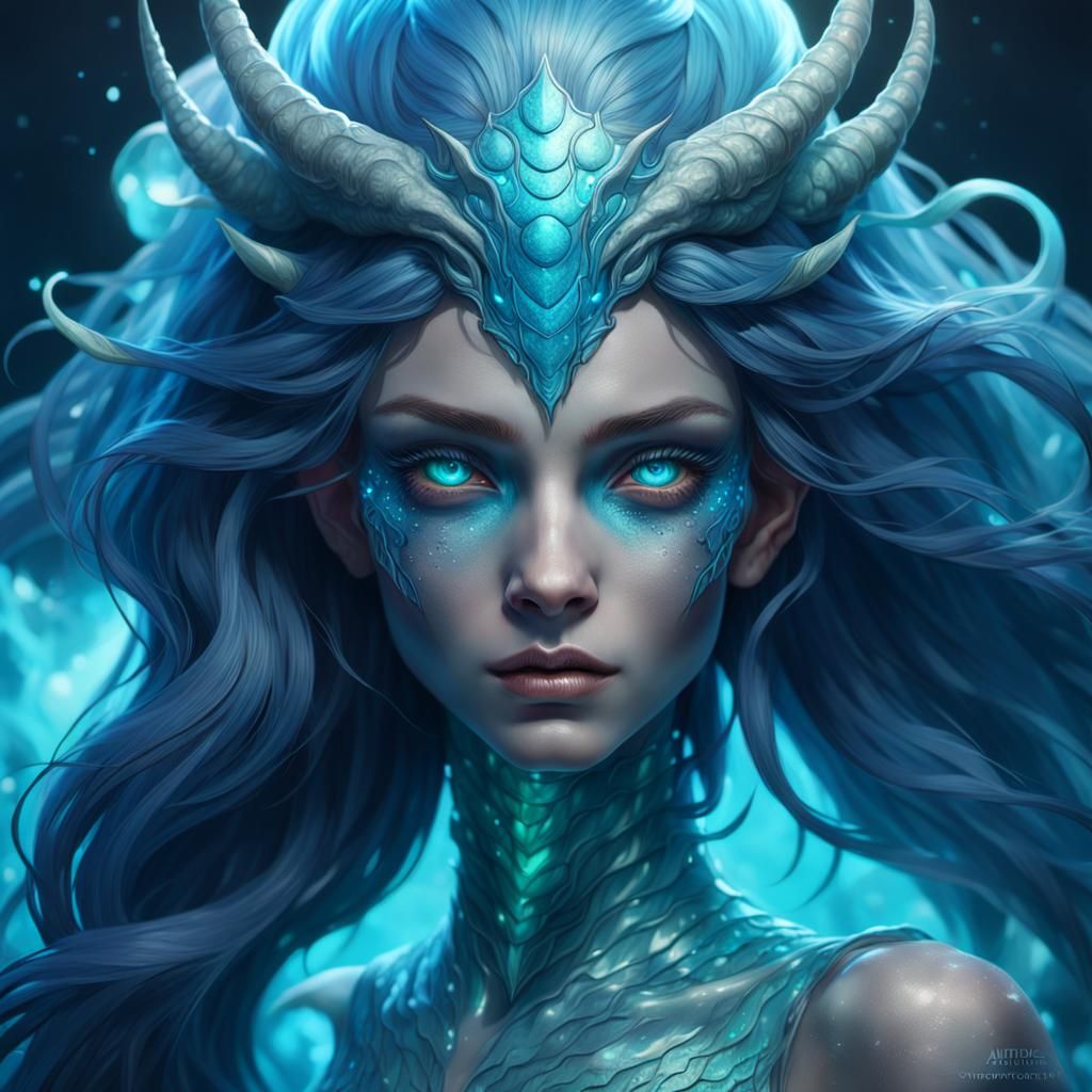 Bioluminescent Demon Mermaid Portrait in Splash Art Style