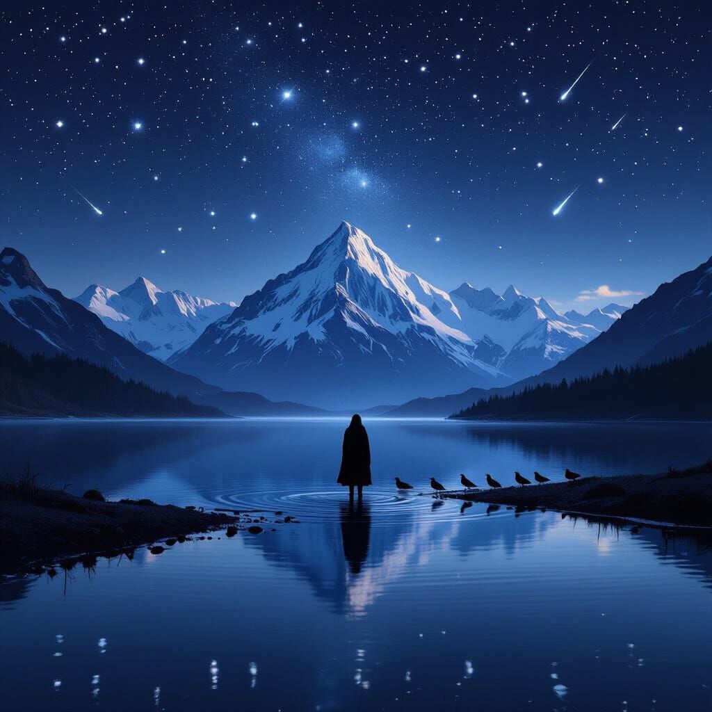 Solitary Figure by Reflecting Lake Under Starry Night Sky