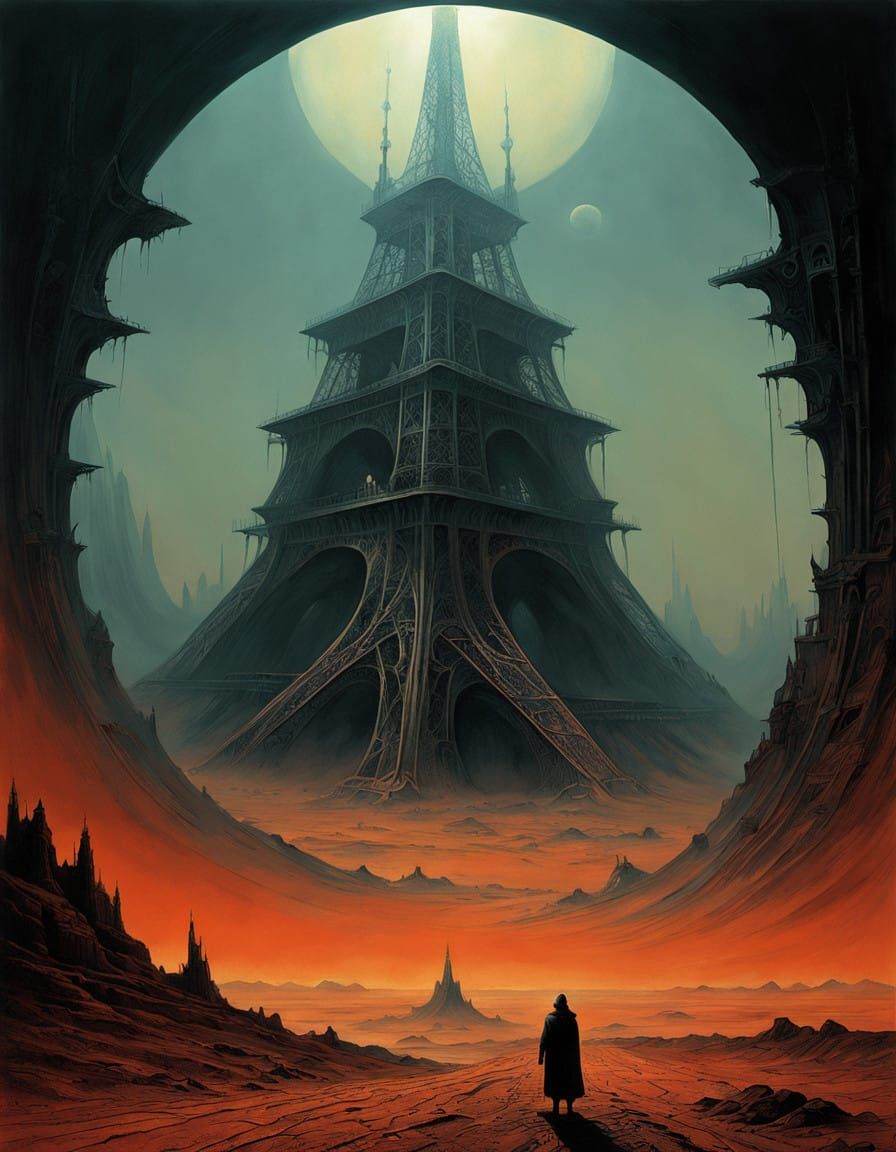 Mars Eiffel Tower in Futuristic Industrial Landscape