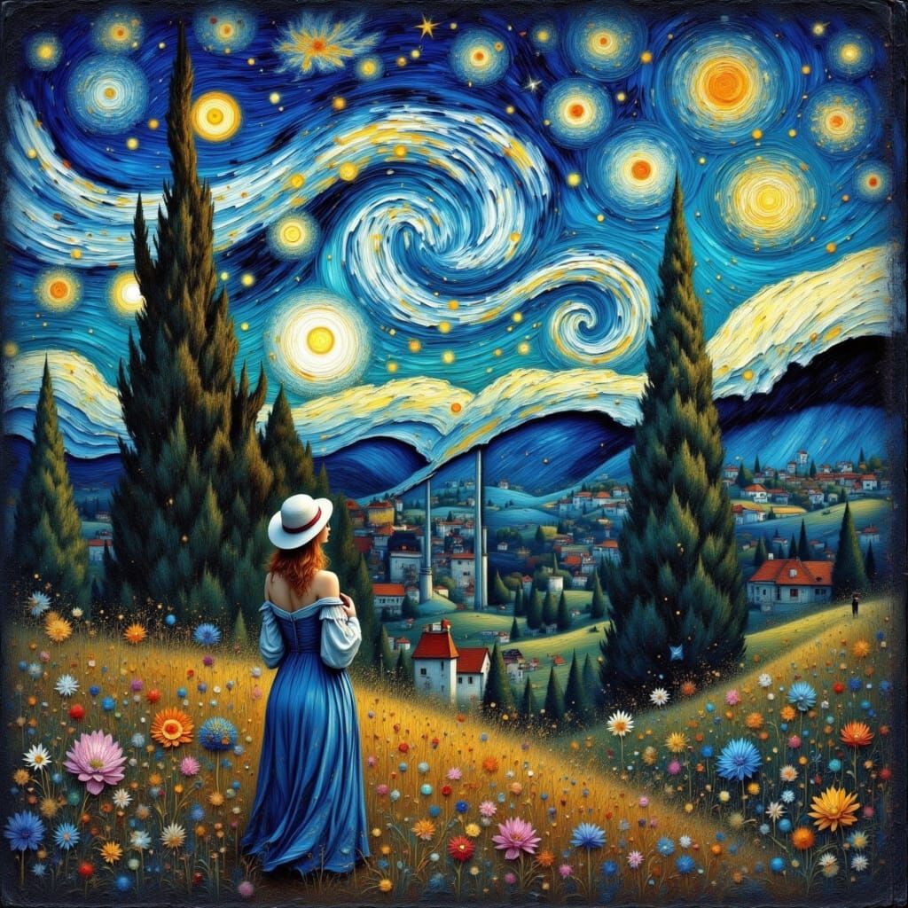 Woman in Starry Night, Impressionist Style
