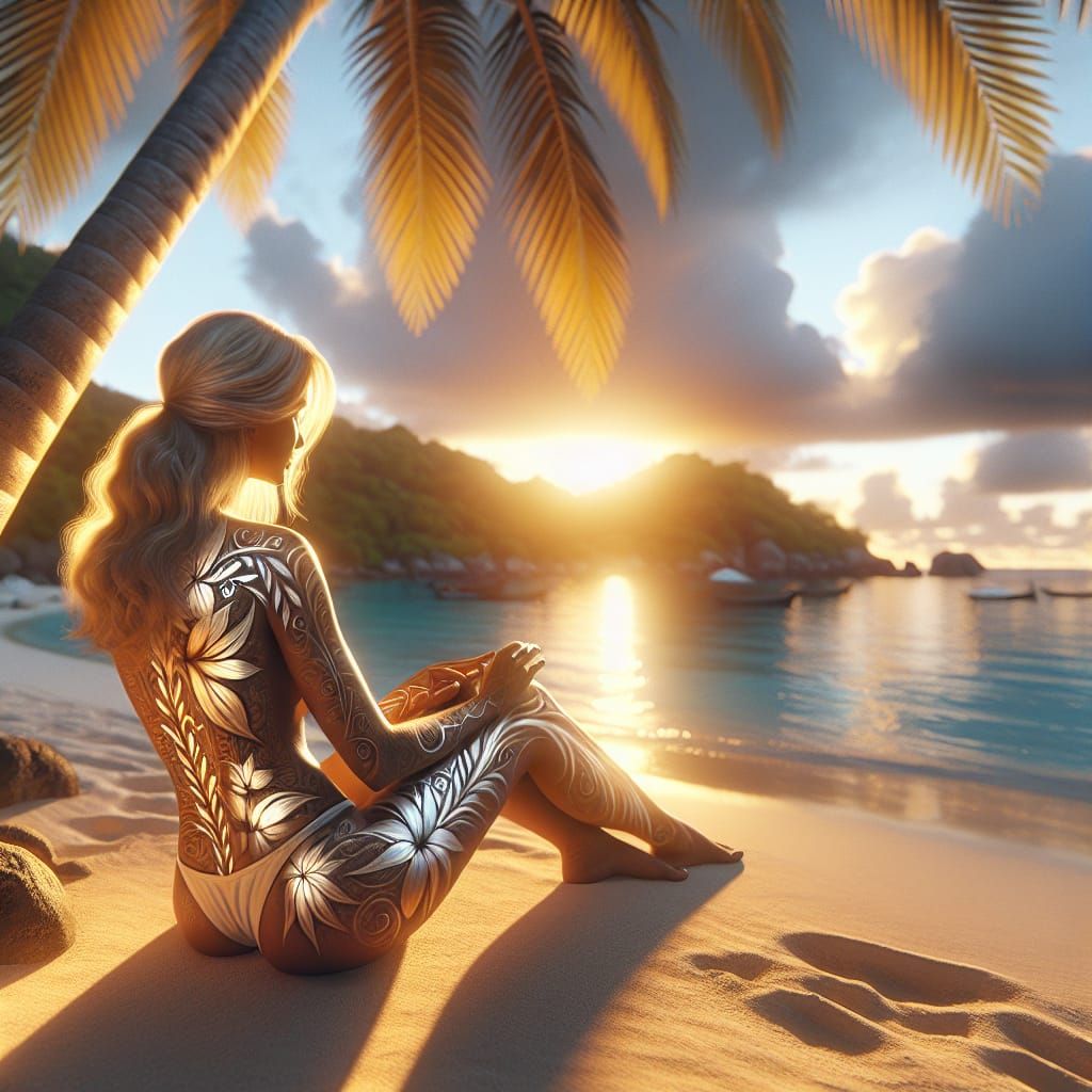 Golden Hour Beach Scene with Light Painted Woman