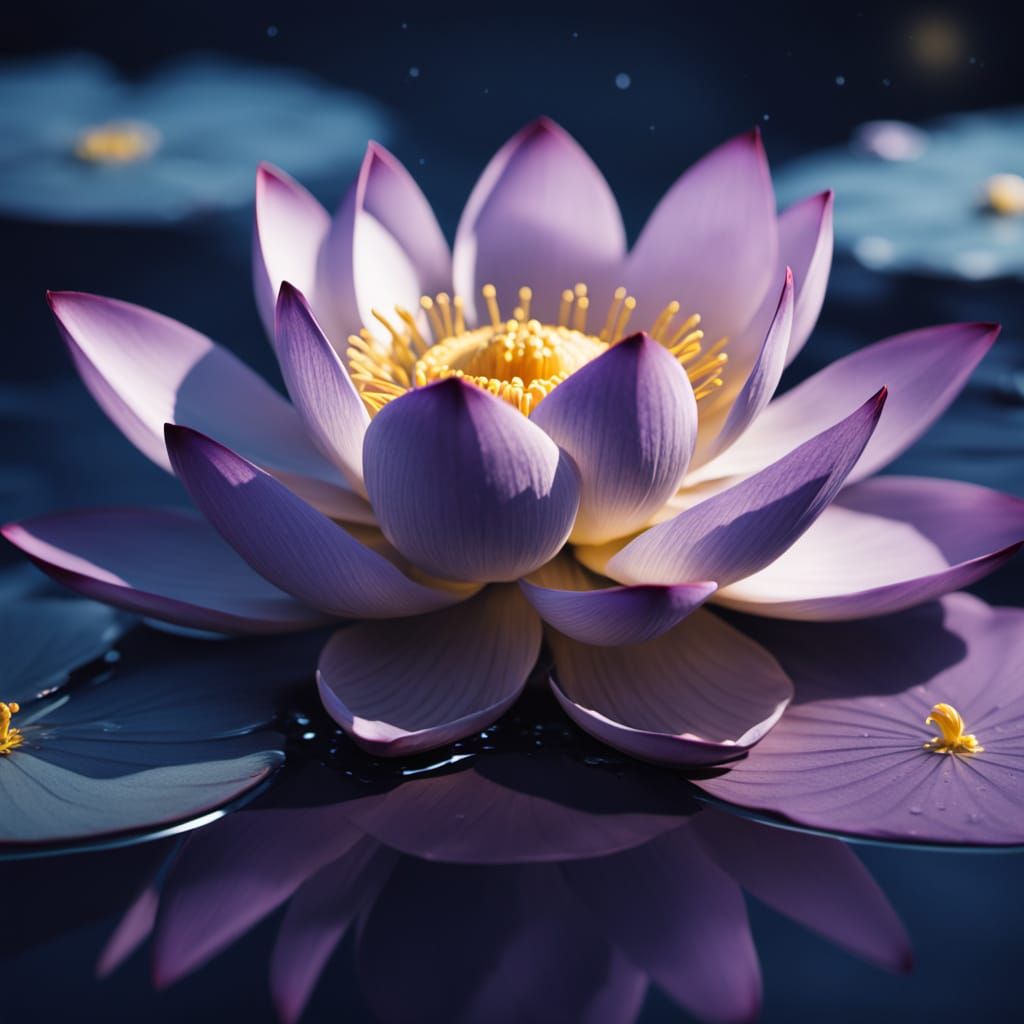 Vibrant Lotus on Moonlit Pond: Digital Art