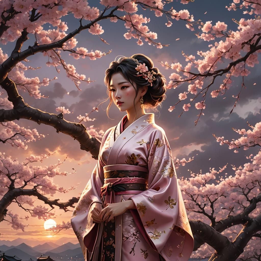 Girl in Kimono Under Cherry Blossom Tree